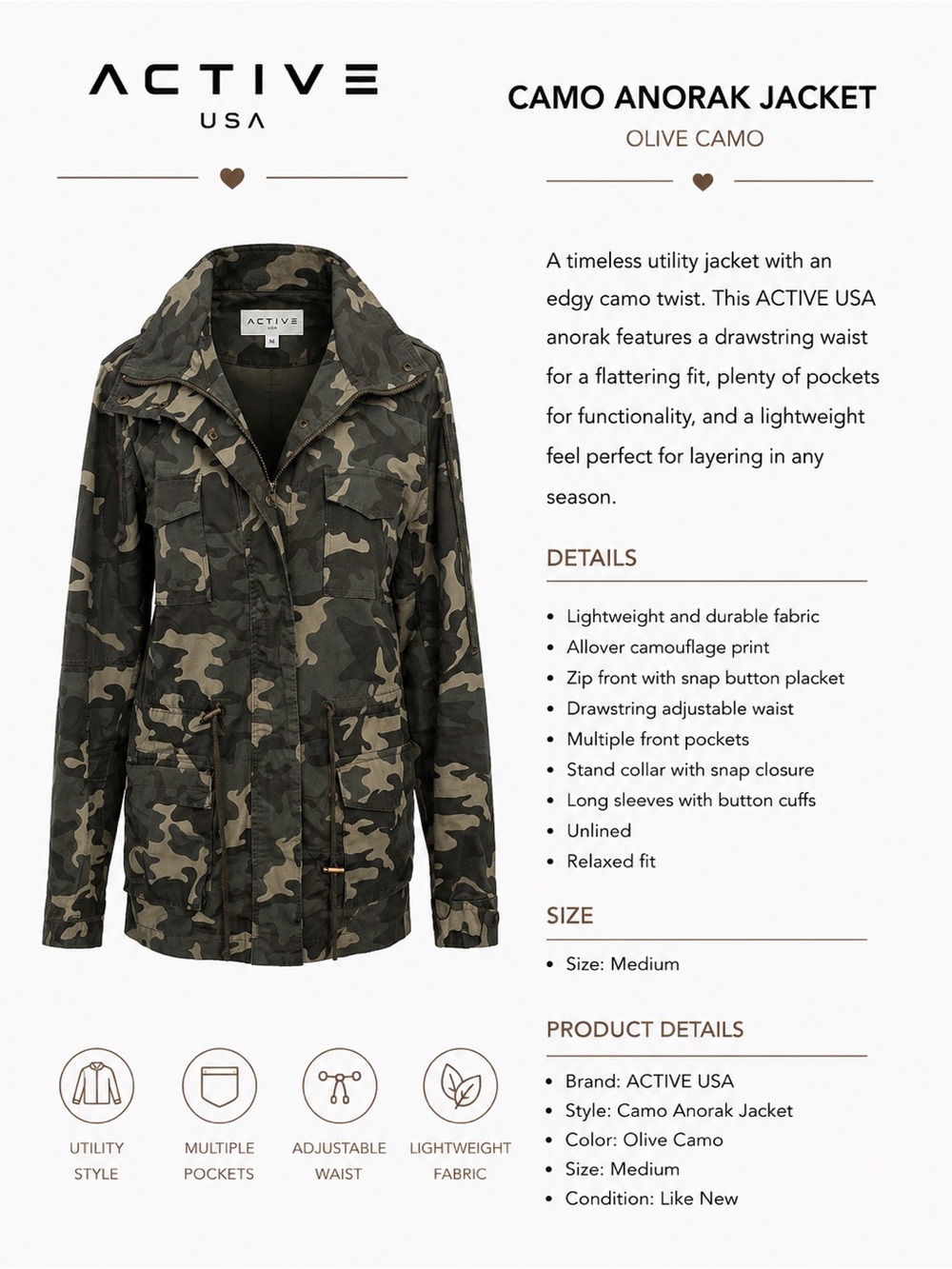 ACTIVE USA Olive Camo Utility Anorak Jacket - Women's